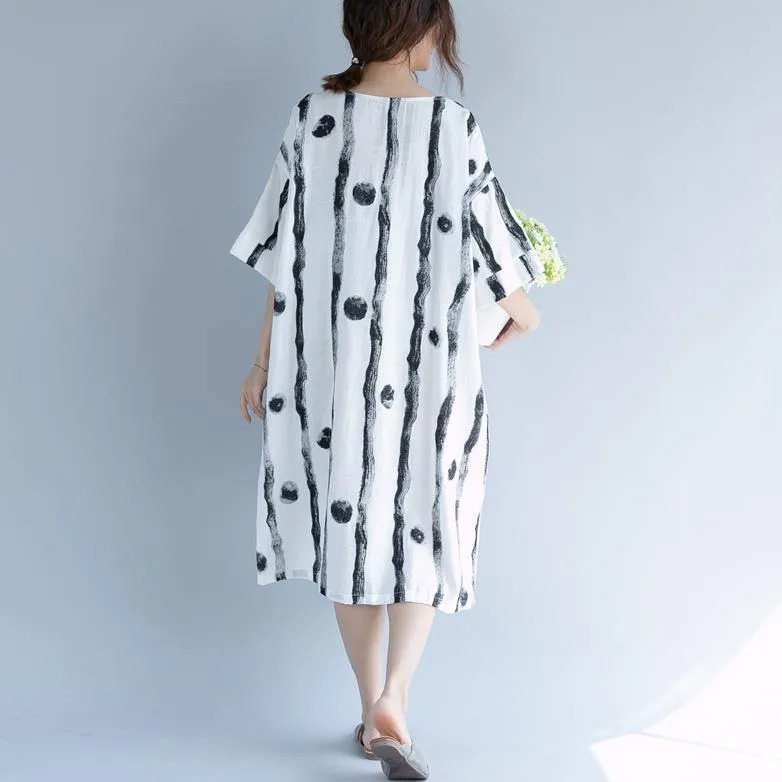 2018 white cotton knee dress plus size clothing shirt dress fine short sleeve baggy dresses print o neck cotton dresses