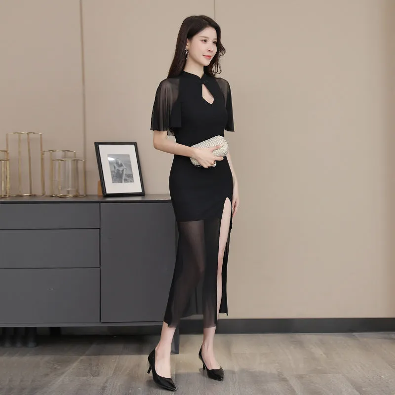 2024 New Nightclub See-through Chest-Flattering Dress Sexy Slim Fit Temperament Long Dress KTV Work Wear Transparent Dress