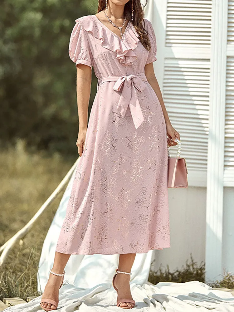 Beverly Casual Pink Ruffle Puff Sleeve Midi Dress