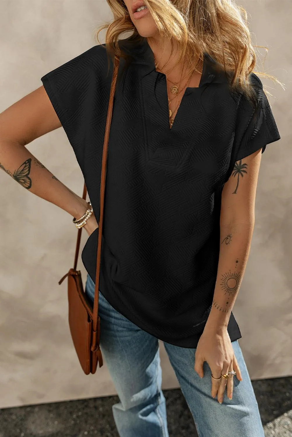 Black Textured V Neck Collared Short Sleeve Top for Women