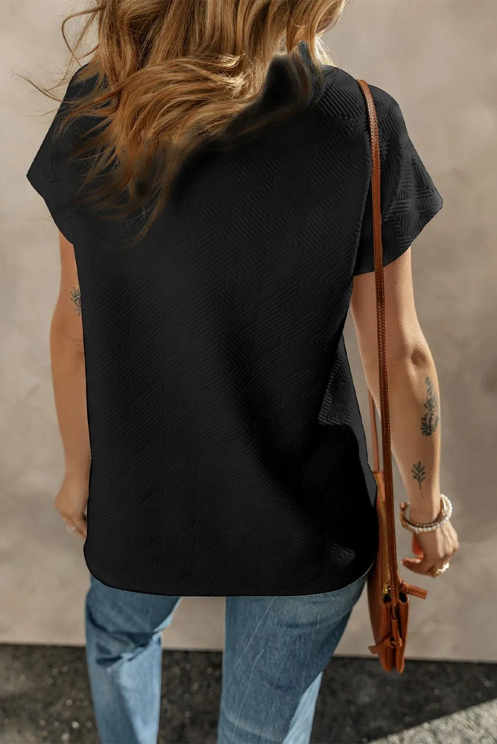 Black Textured V Neck Collared Short Sleeve Top for Women