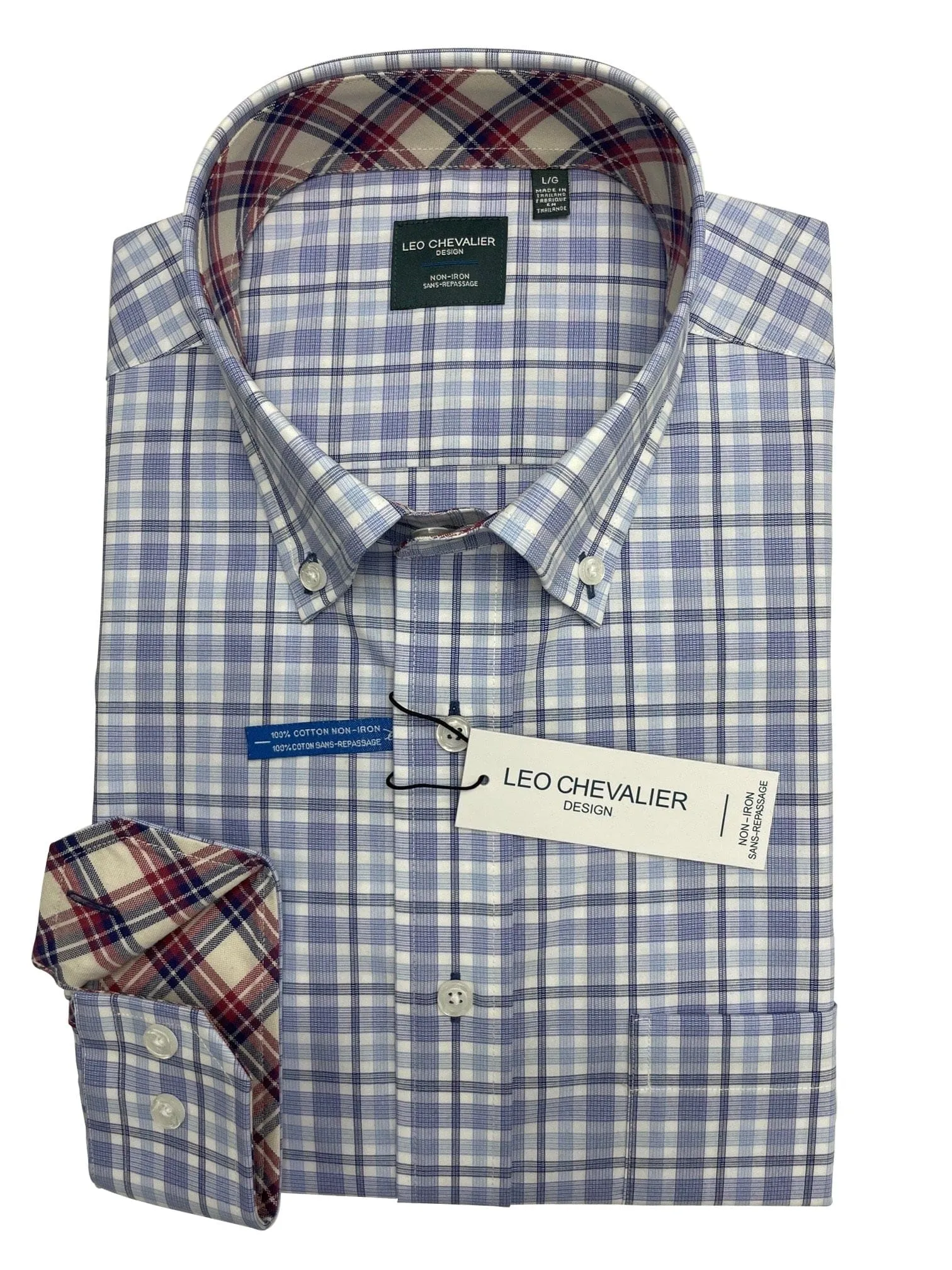 Blue Plaid Leo Chevalier Cotton Button Down Collar Long Sleeve Shirts