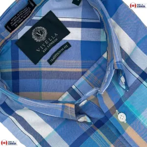 Blue Plaid Premium Cotton Short Sleeve Shirts for Men