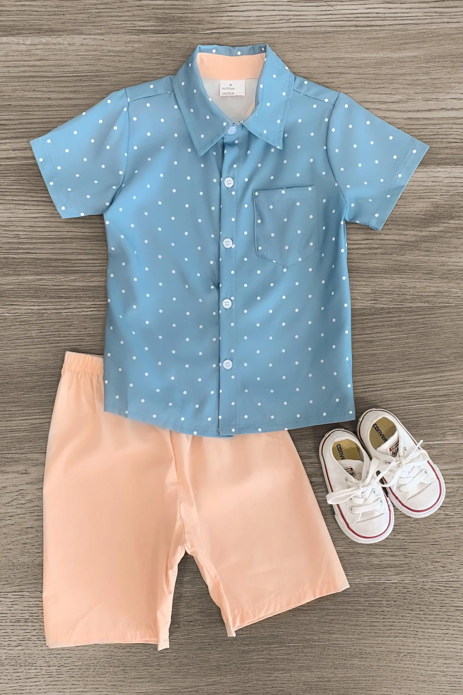 Blue Polka Dot Button Down Short Set