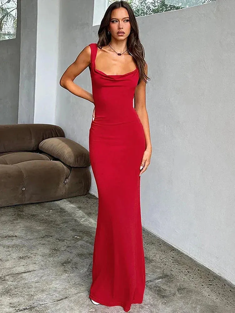 Bow Elegant Long Slim Bodycon Spaghetti Strap Backless Spring Summer Maxi Dress