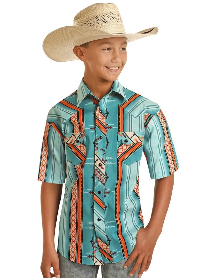 Boy's Rock & Roll Aztec Print Short Sleeve Snap Shirt