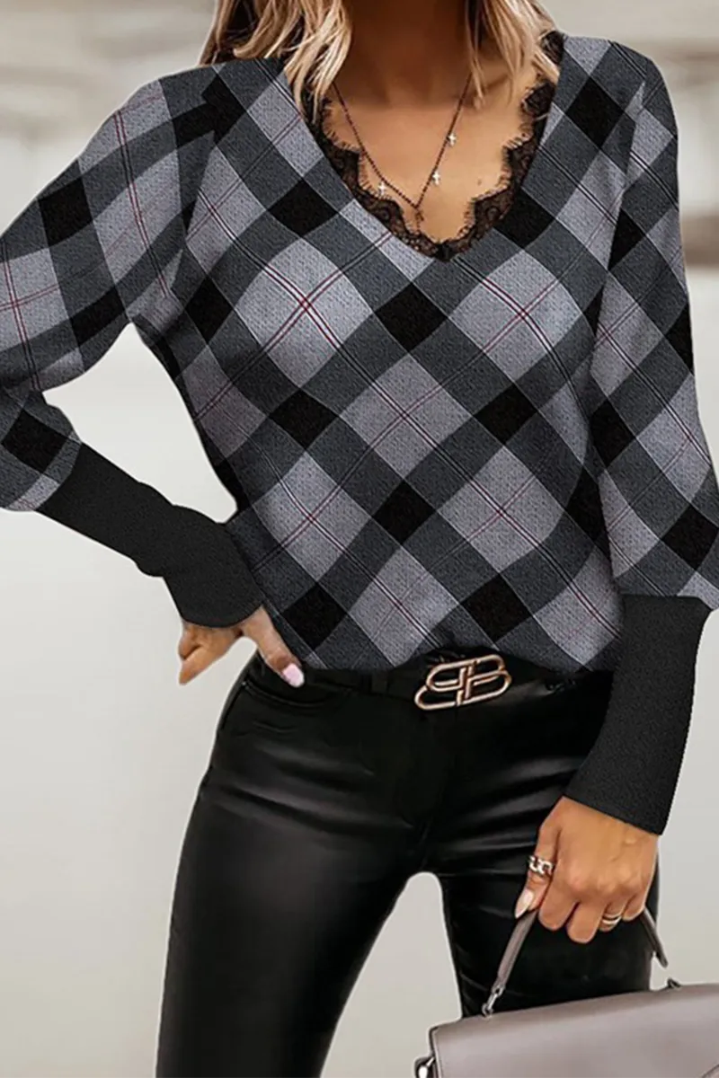 Casual Plaid Patchwork V Neck Tops