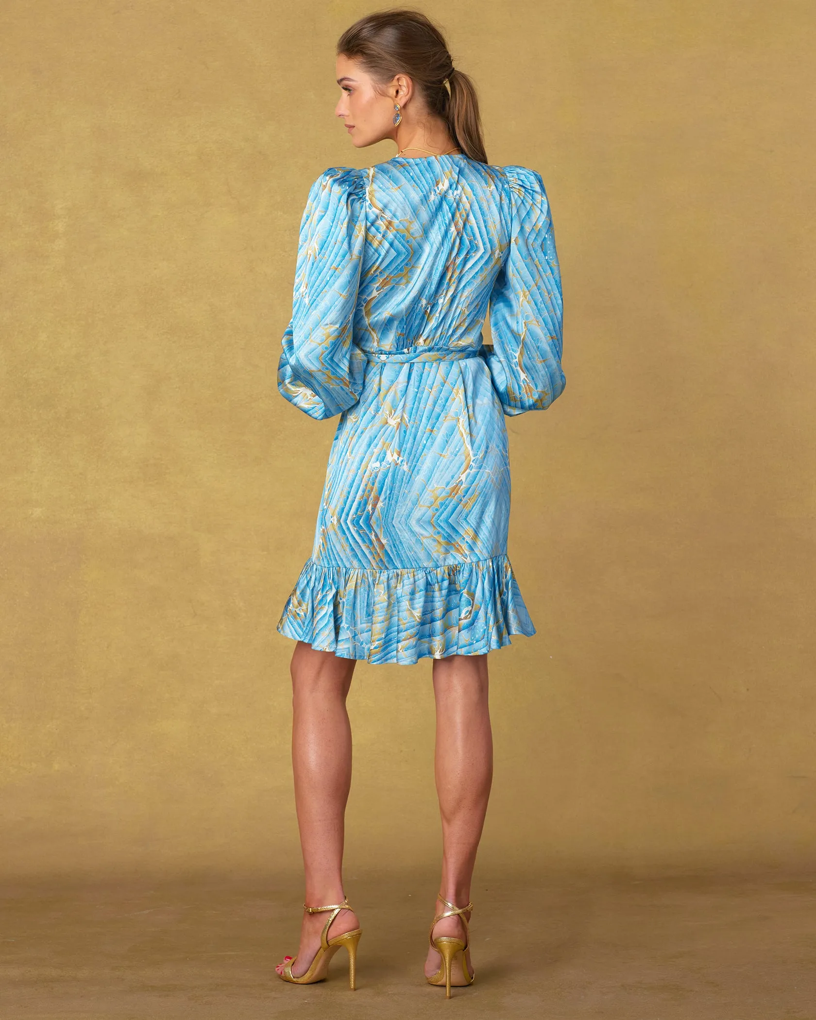 Cressida Short Wrap Dress in Sky Blue Marble