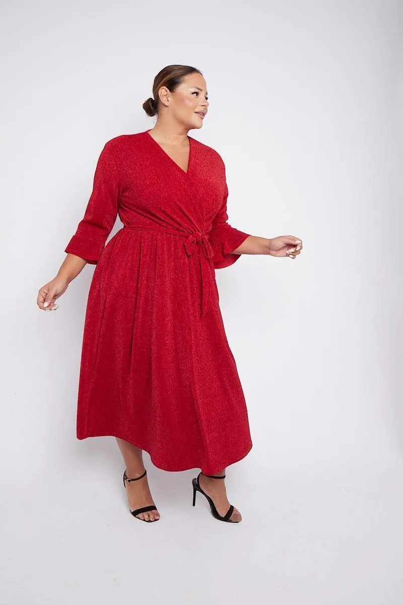 Dani Sparkle Faux Wrap Dress in Red