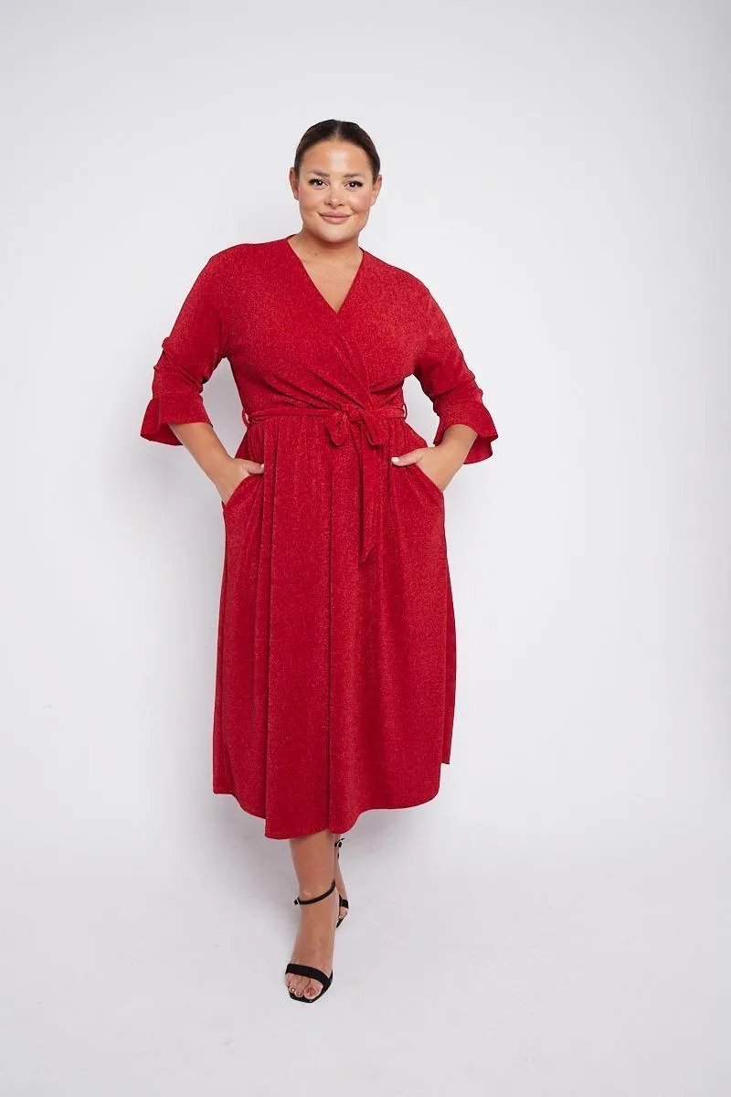 Dani Sparkle Faux Wrap Dress in Red