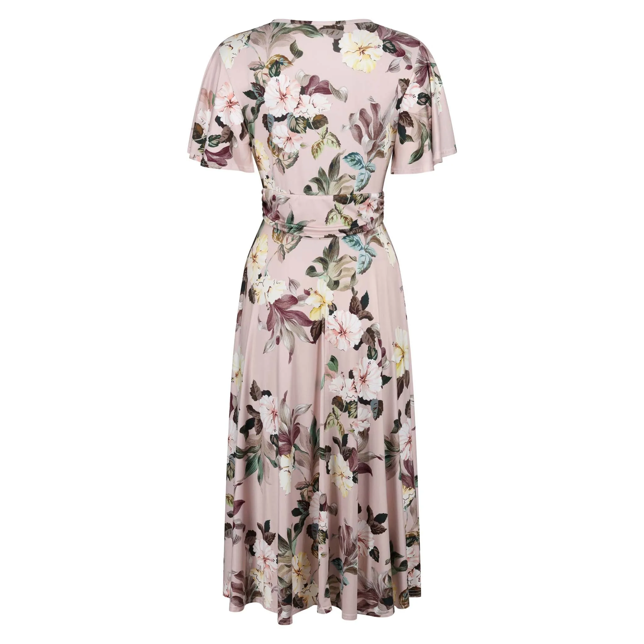 Dusky Pink Floral Print Cap Sleeve V Neck Wrap Top Swing Dress