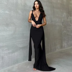 Elegant Backless Gown Party Club Maxi Dress with Ruched Detail