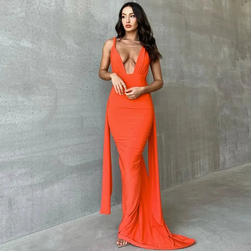 Elegant Backless Gown Party Club Maxi Dress with Ruched Detail