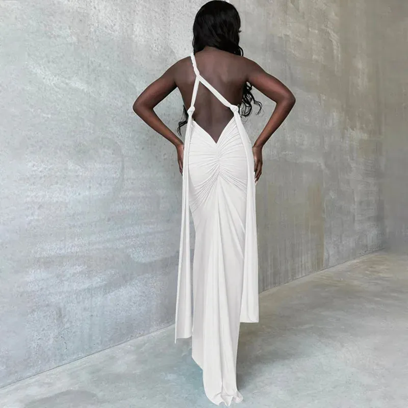 Elegant Backless Gown Party Club Maxi Dress with Ruched Detail