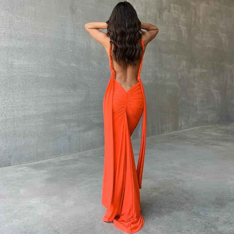 Elegant Backless Gown Party Club Maxi Dress with Ruched Detail