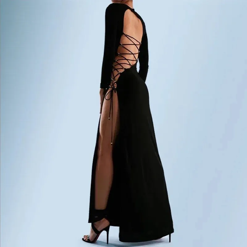 Elegant Club Split Maxi Dress with Bandage Long Sleeves and Backless Design