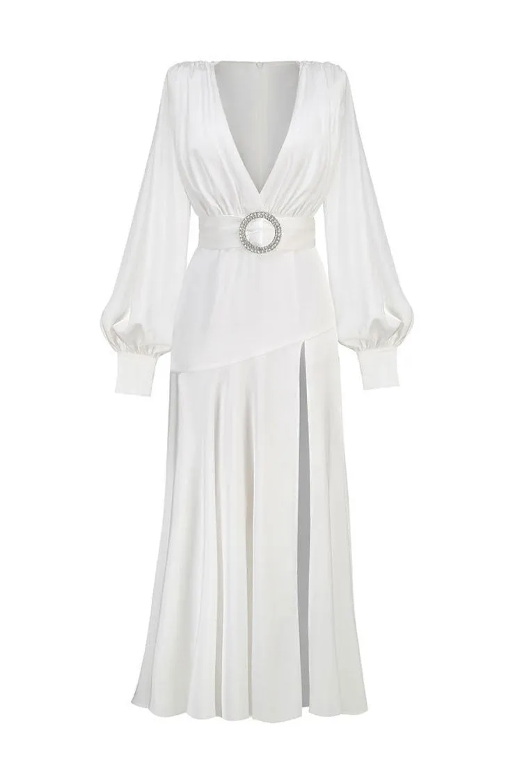 Elegant Deep V Bishop Sleeve High Split Evening Maxi Dress - White