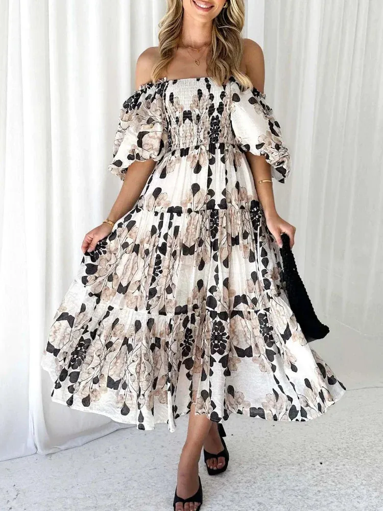 Elegant Printed Women Backless Slash Neck Maxi Dress