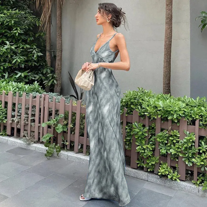 Elegant Sleeveless Backless Maxi Dress with Fashion Print for Holidays