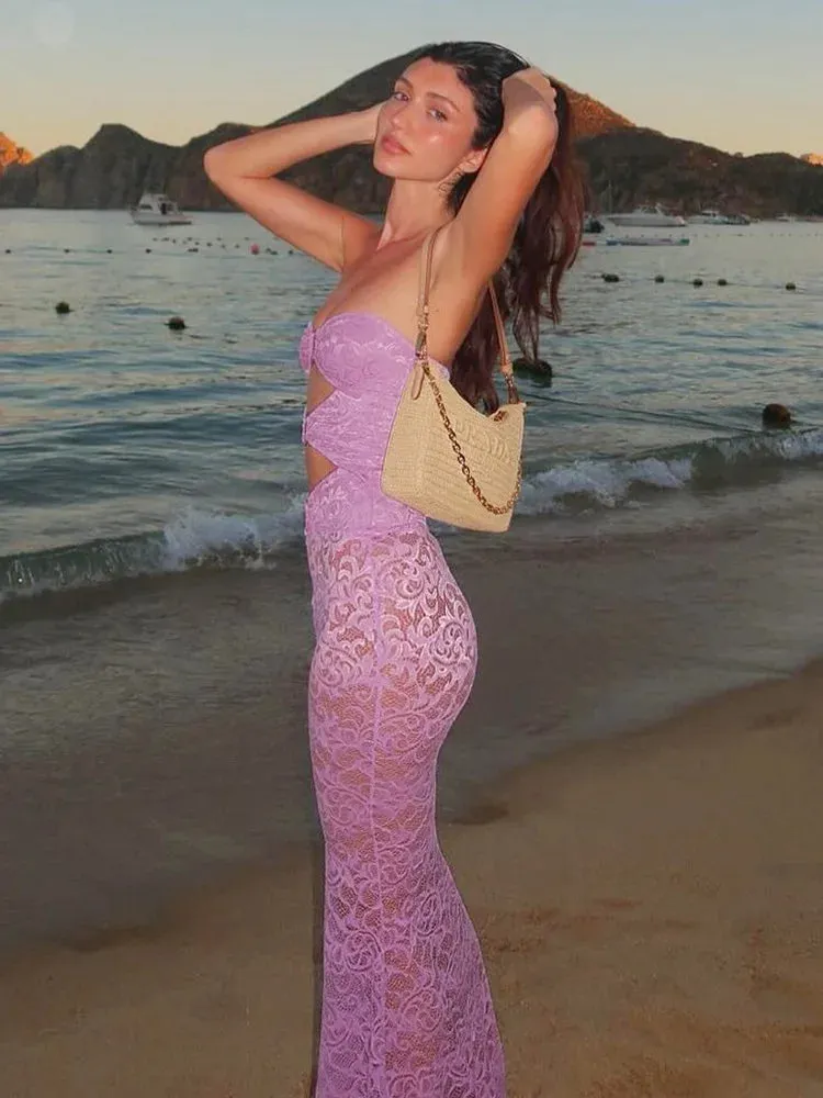 Elegant Strapless Sleeveless Party Maxi Dress with Sexy Lace Cut Out