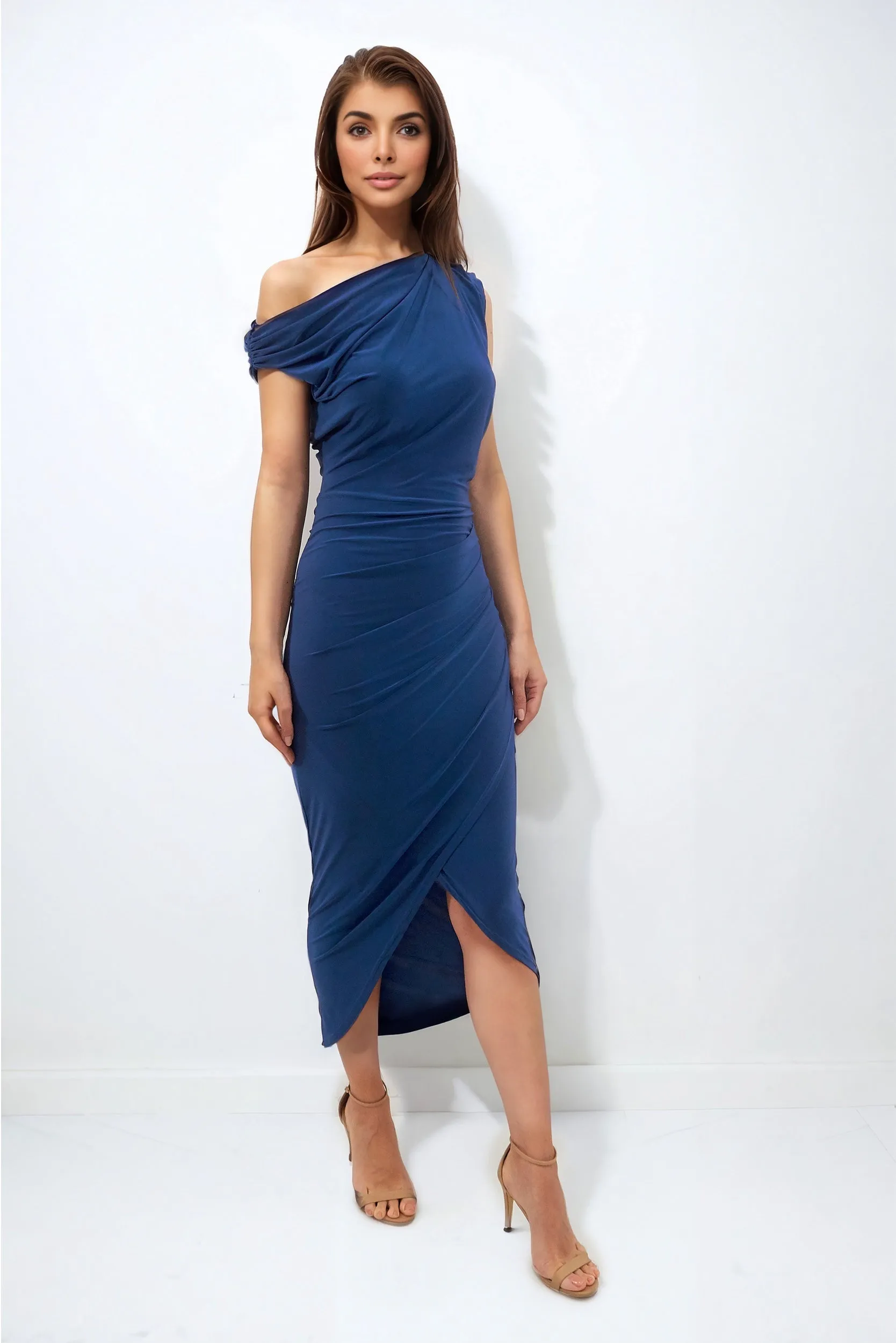 EZRA BLUE OFF SHOULDER / ONE SHOULDER WRAP MIDAXI DRESS