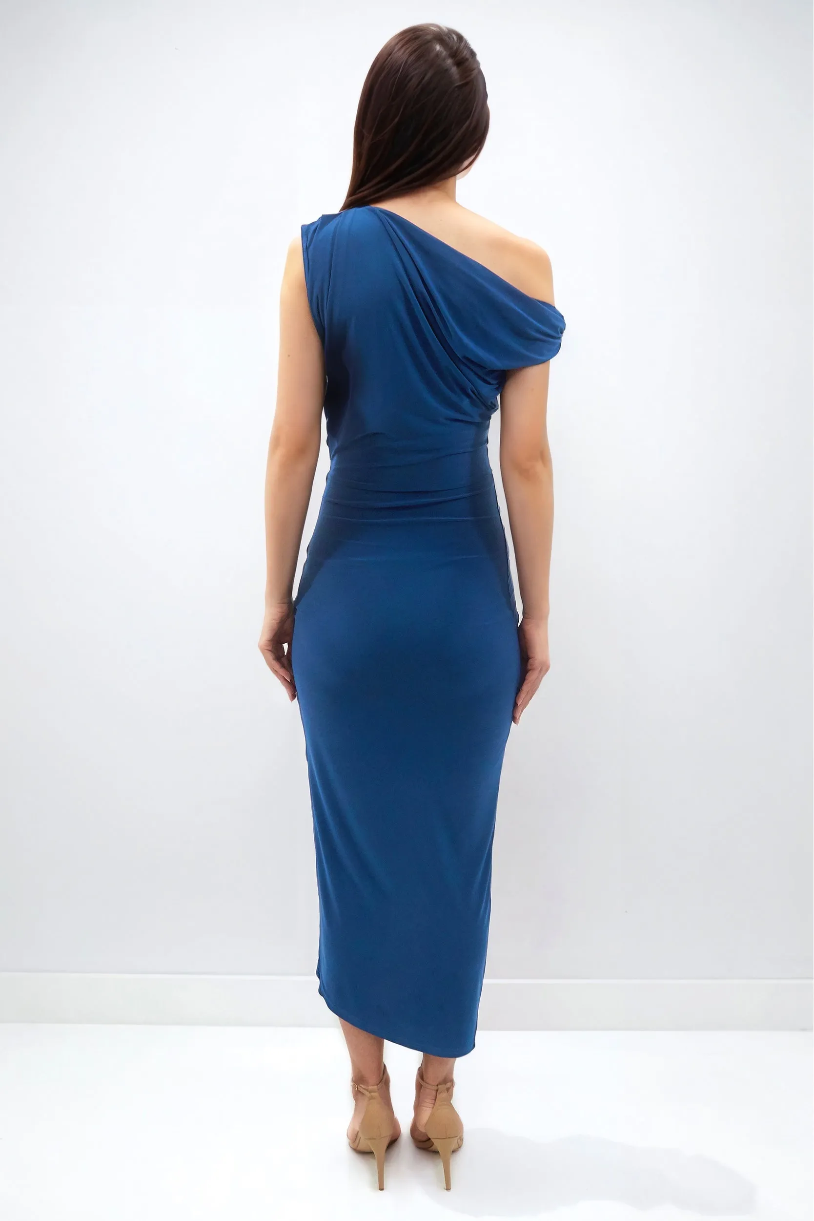 EZRA BLUE OFF SHOULDER / ONE SHOULDER WRAP MIDAXI DRESS