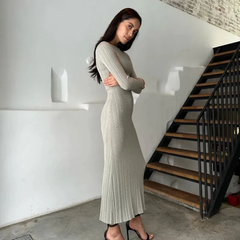 Figure-Flattering Knitted Long Sleeve Bodycon Maxi Dresses