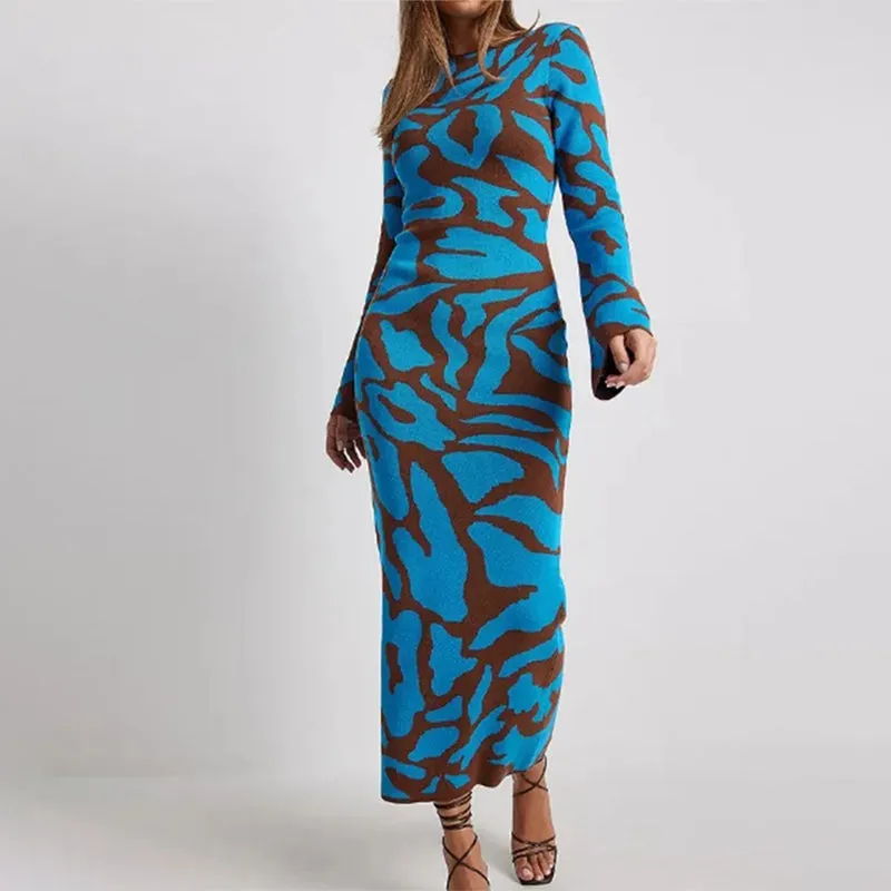 Flattering Geometric Pattern Flare Long Sleeve Maxi Dresses