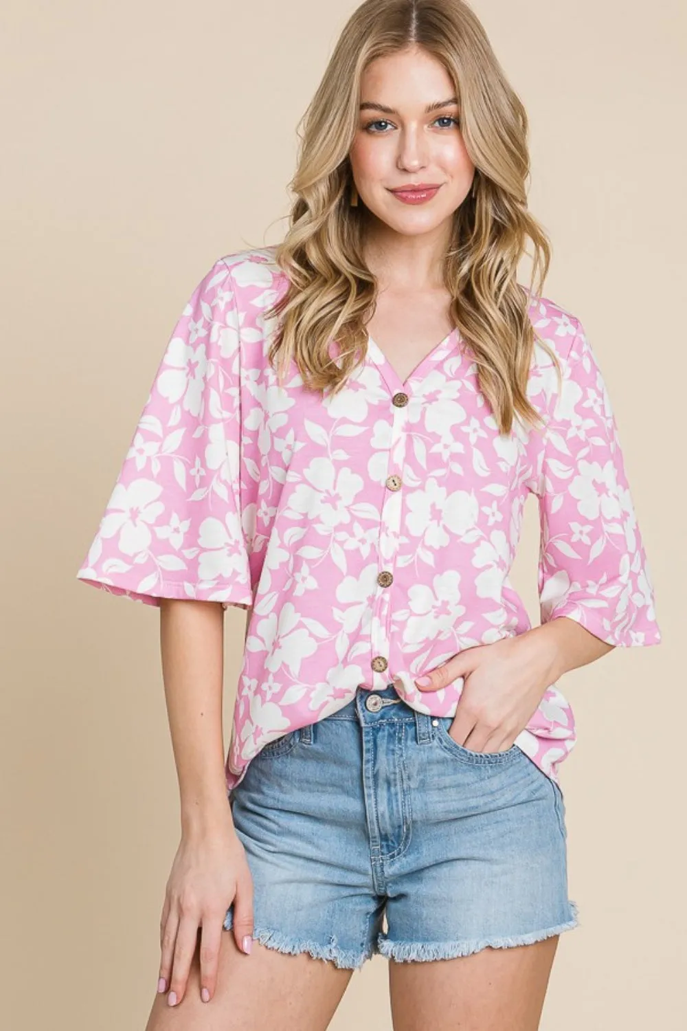 Floral Decorative Button V-Neck Top