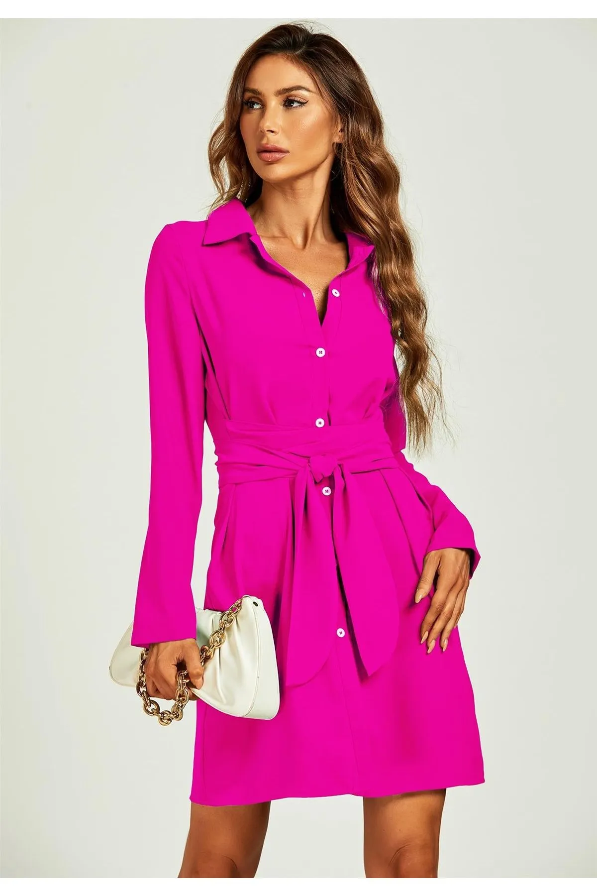 FS Collection Shirt Mini Wrap Dress In Fuchsia