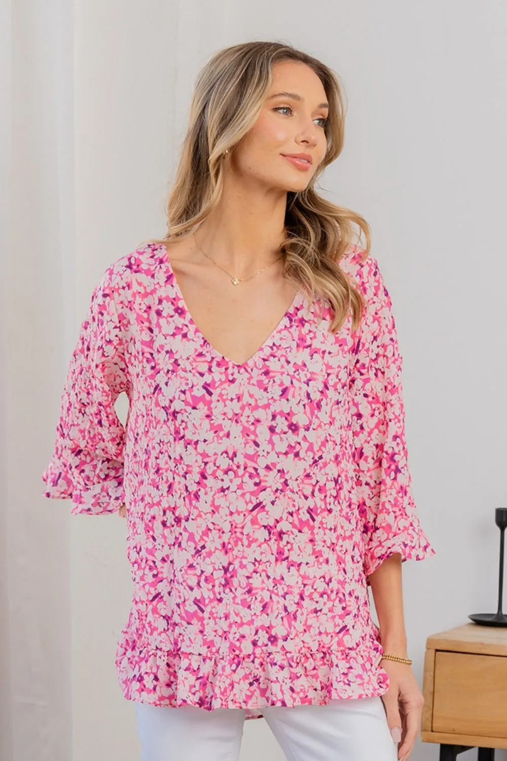 Full Size Floral V-Neck Flounce Sleeve Top