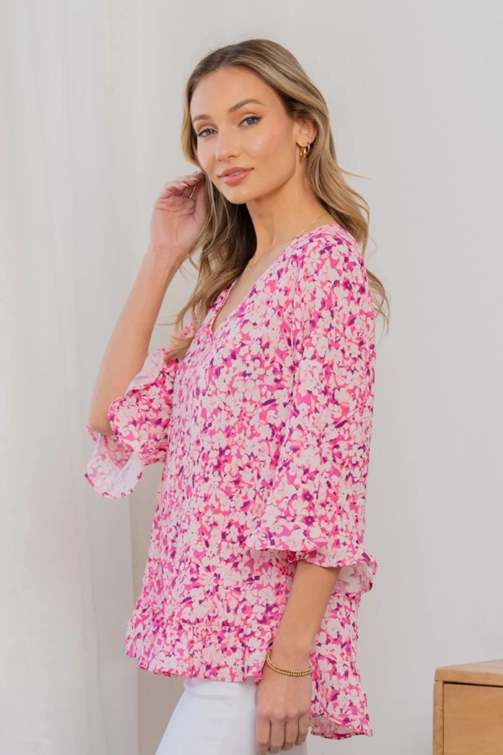 Full Size Floral V-Neck Flounce Sleeve Top