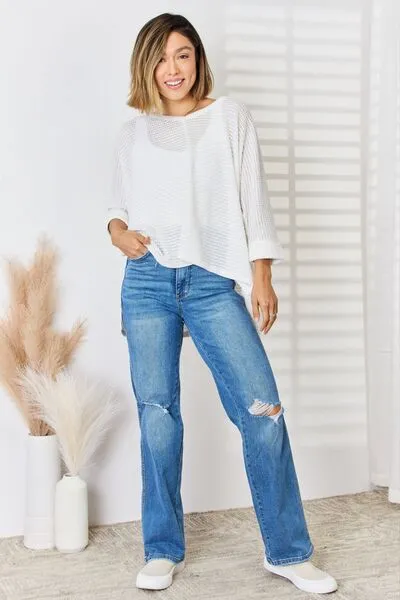 Full Size Waffle Knit V-Neck Long Sleeve Slit Top