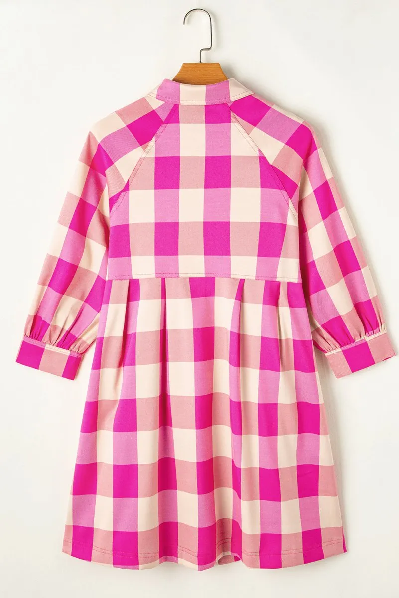 Fushia Plaid Collared Shirt Flare Mini Dress