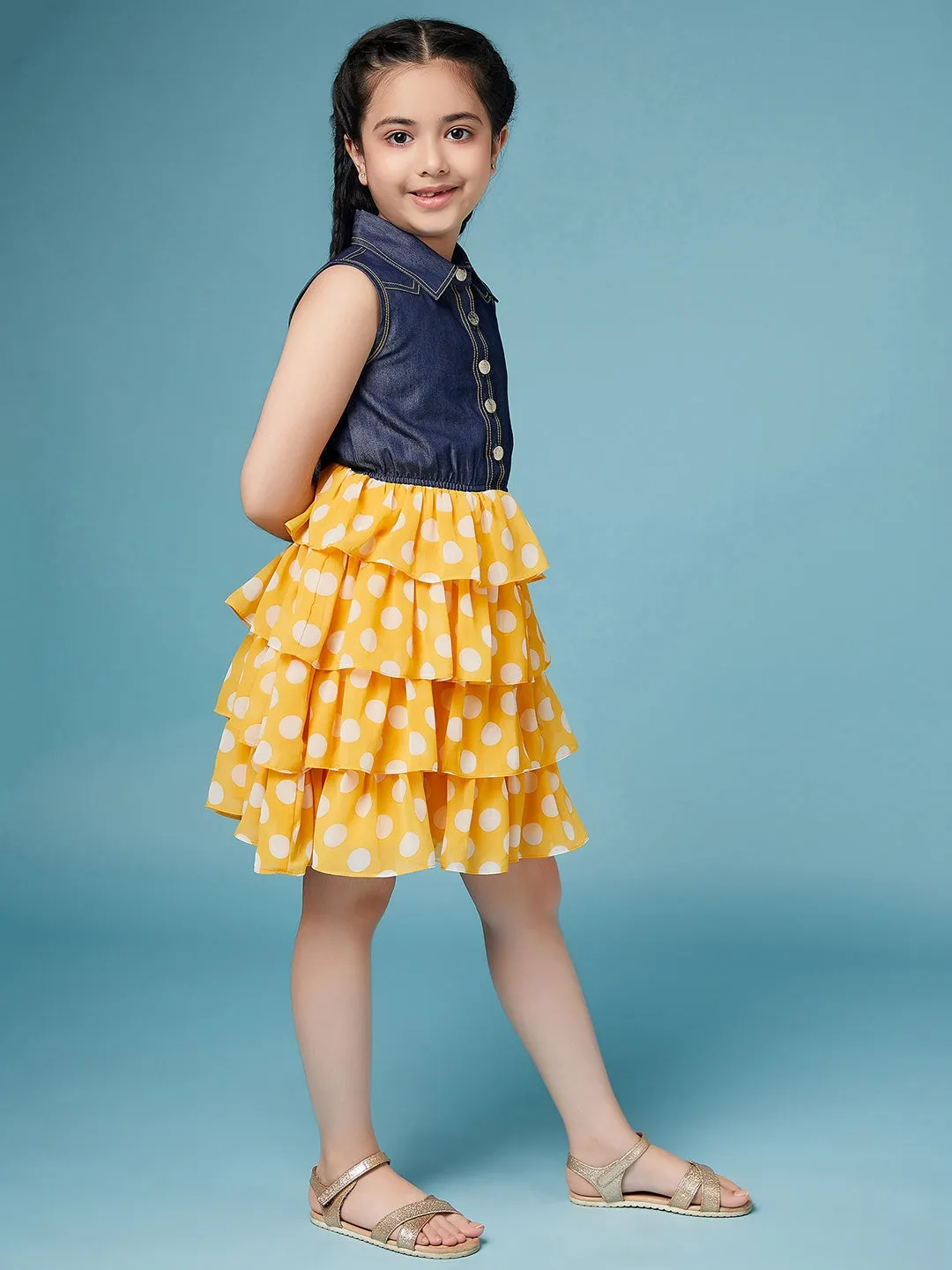 Girls Polka Dots Printed Shirt Collar Layered Dress - Ps Peaches