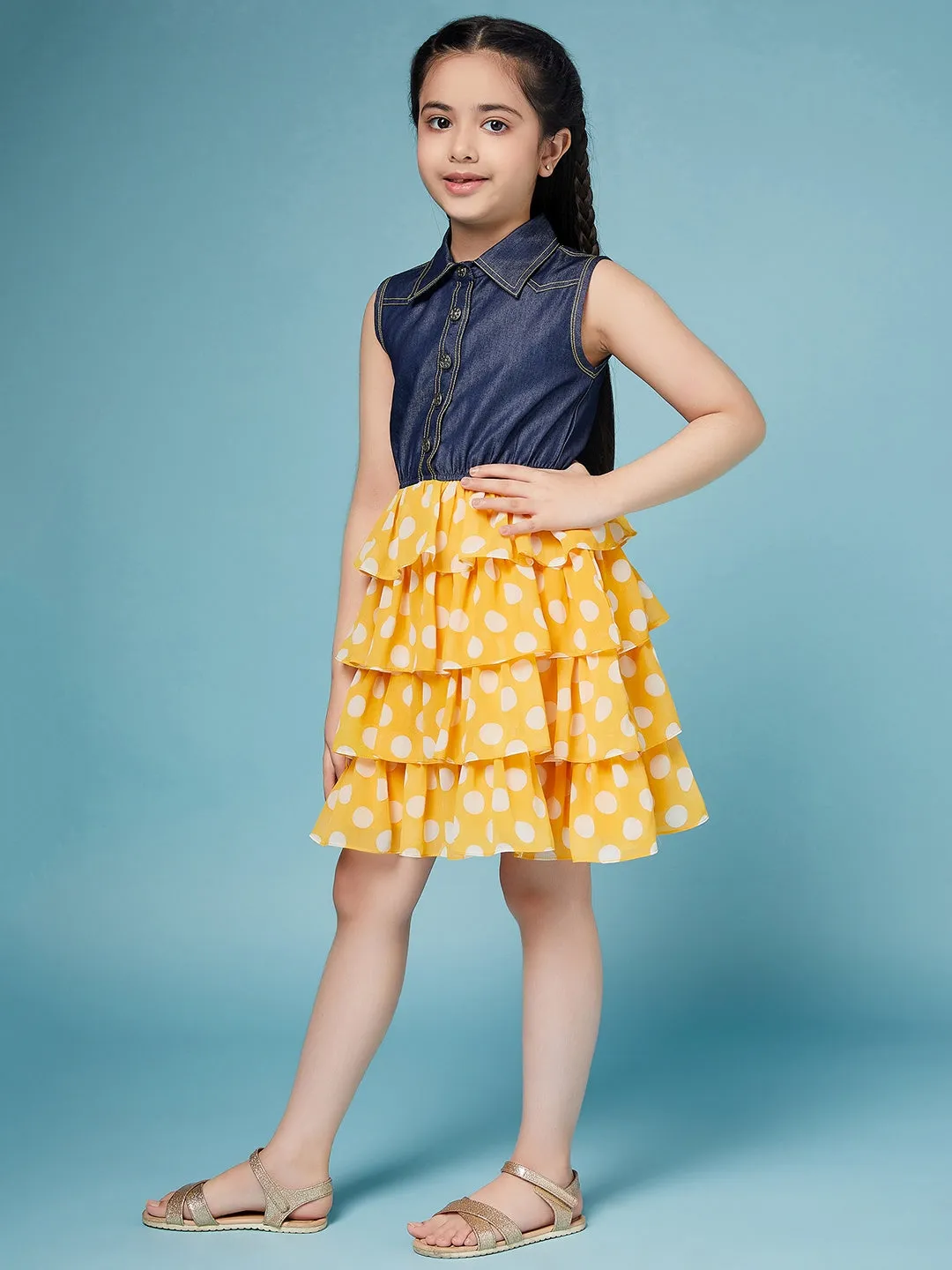 Girls Polka Dots Printed Shirt Collar Layered Dress - Ps Peaches