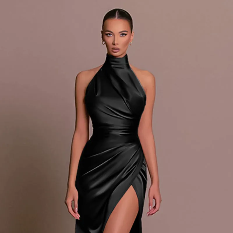 halter neck slit slim dress