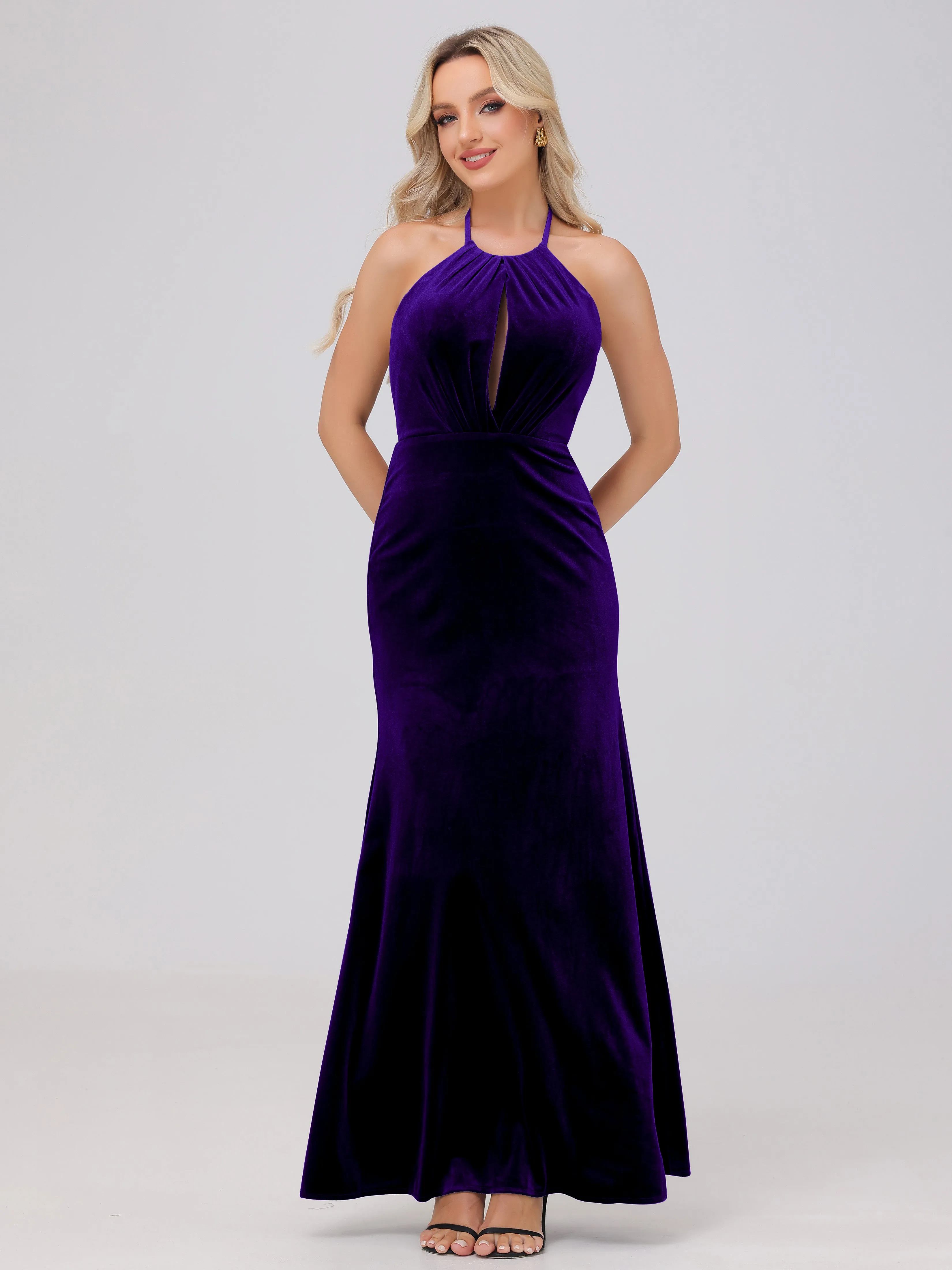 Halter Sheath/Column Long Velvet Bridesmaid Dresses