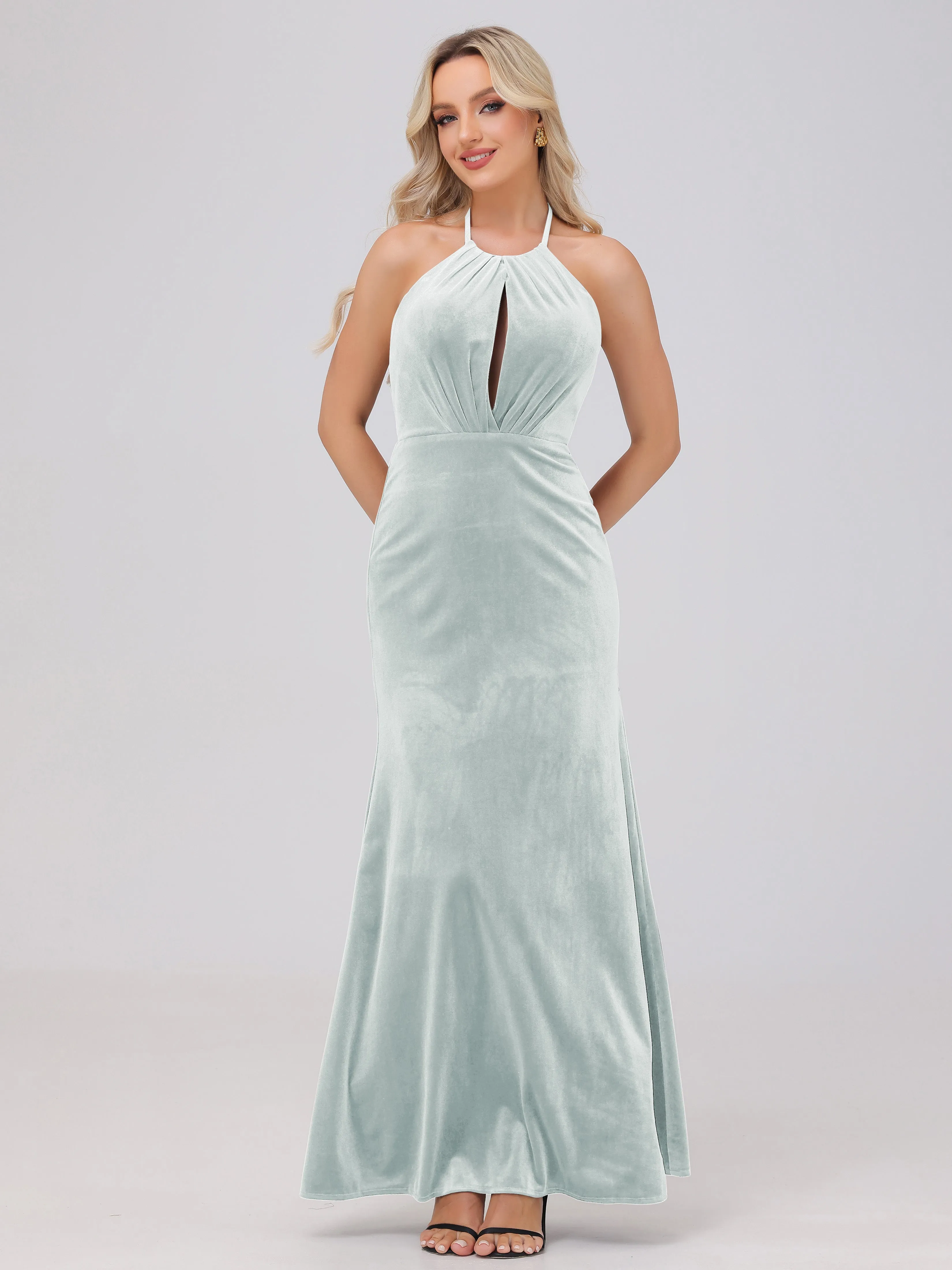 Halter Sheath/Column Long Velvet Bridesmaid Dresses