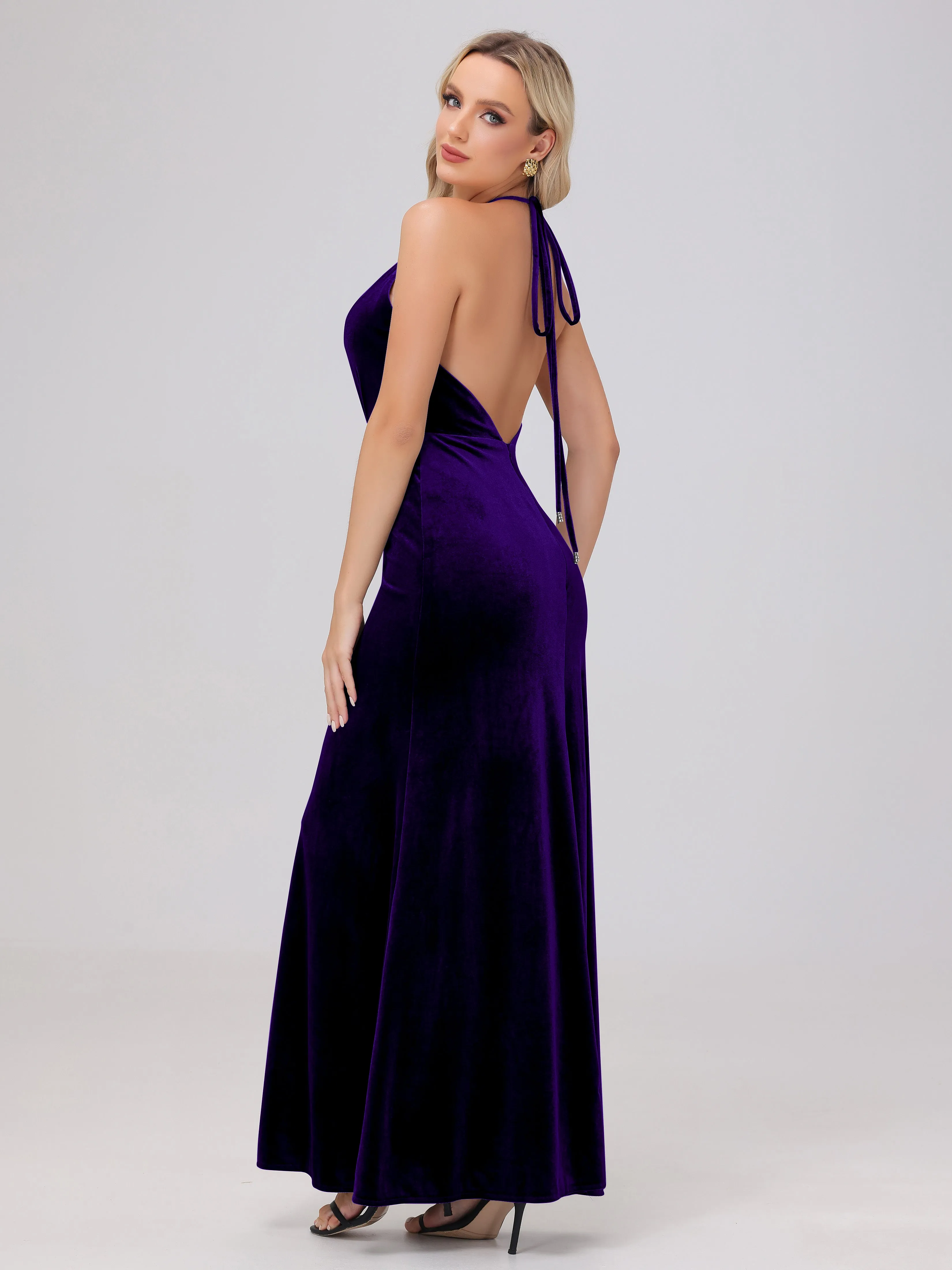 Halter Sheath/Column Long Velvet Bridesmaid Dresses