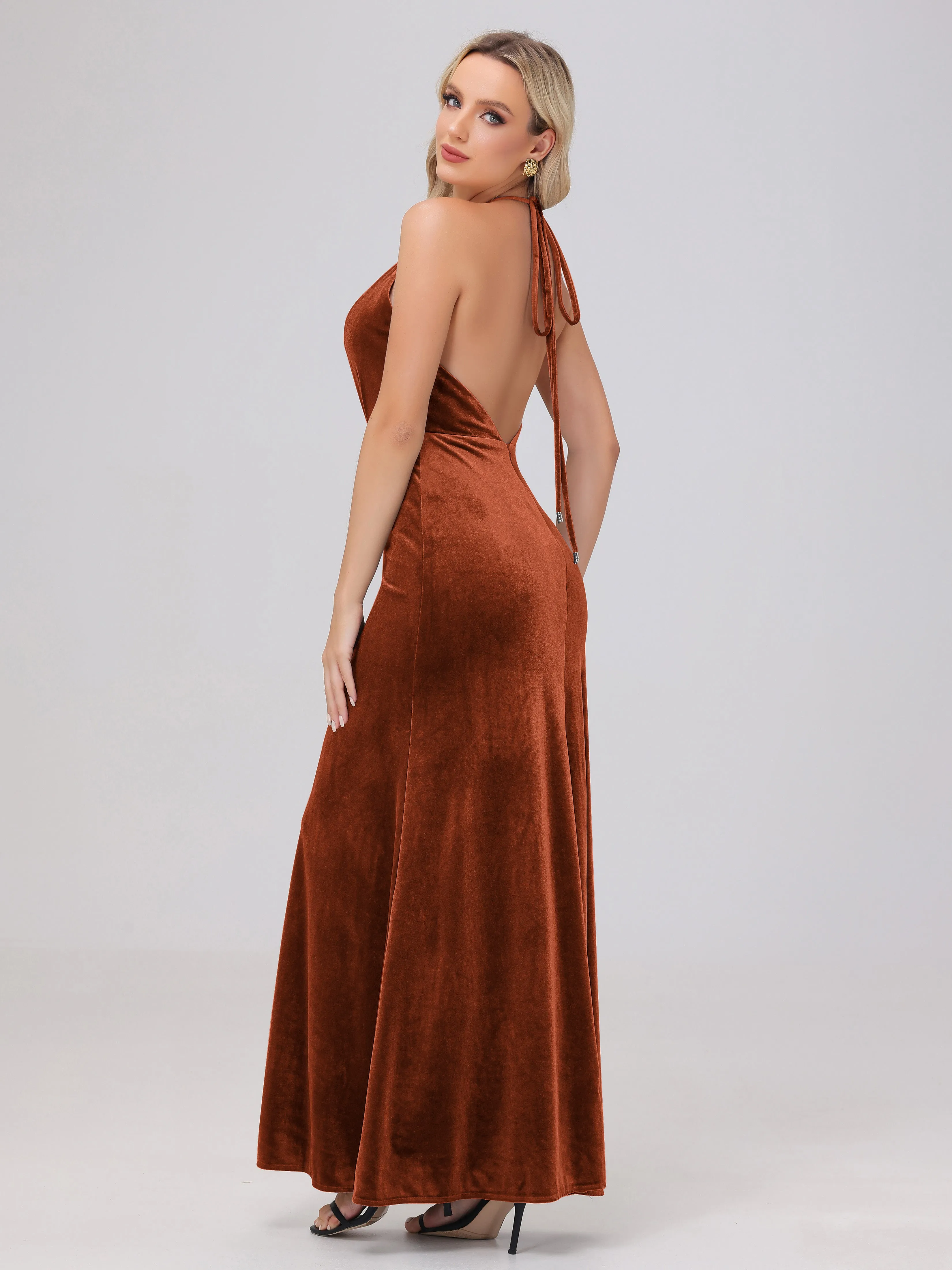 Halter Sheath/Column Long Velvet Bridesmaid Dresses