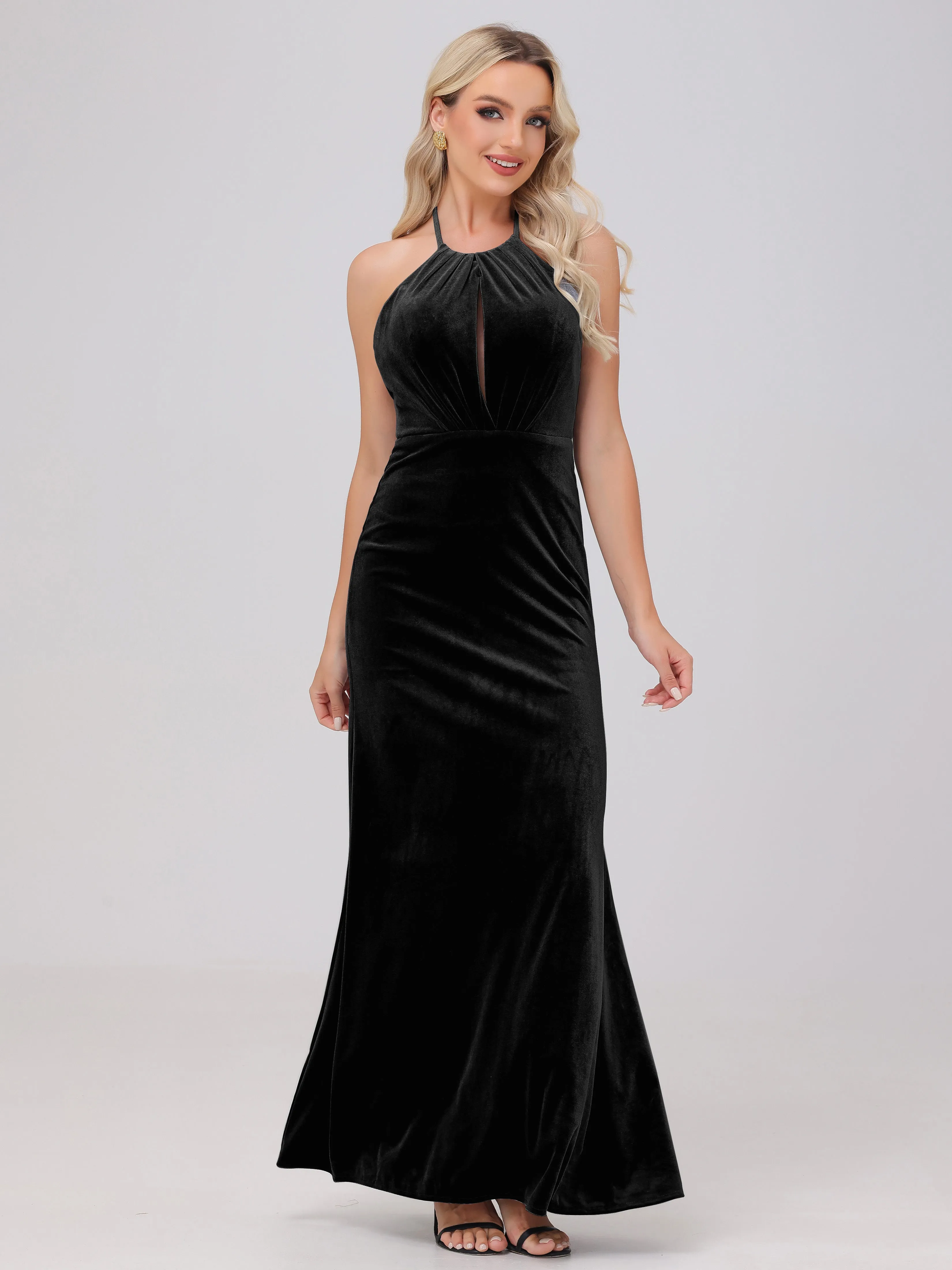 Halter Sheath/Column Long Velvet Bridesmaid Dresses