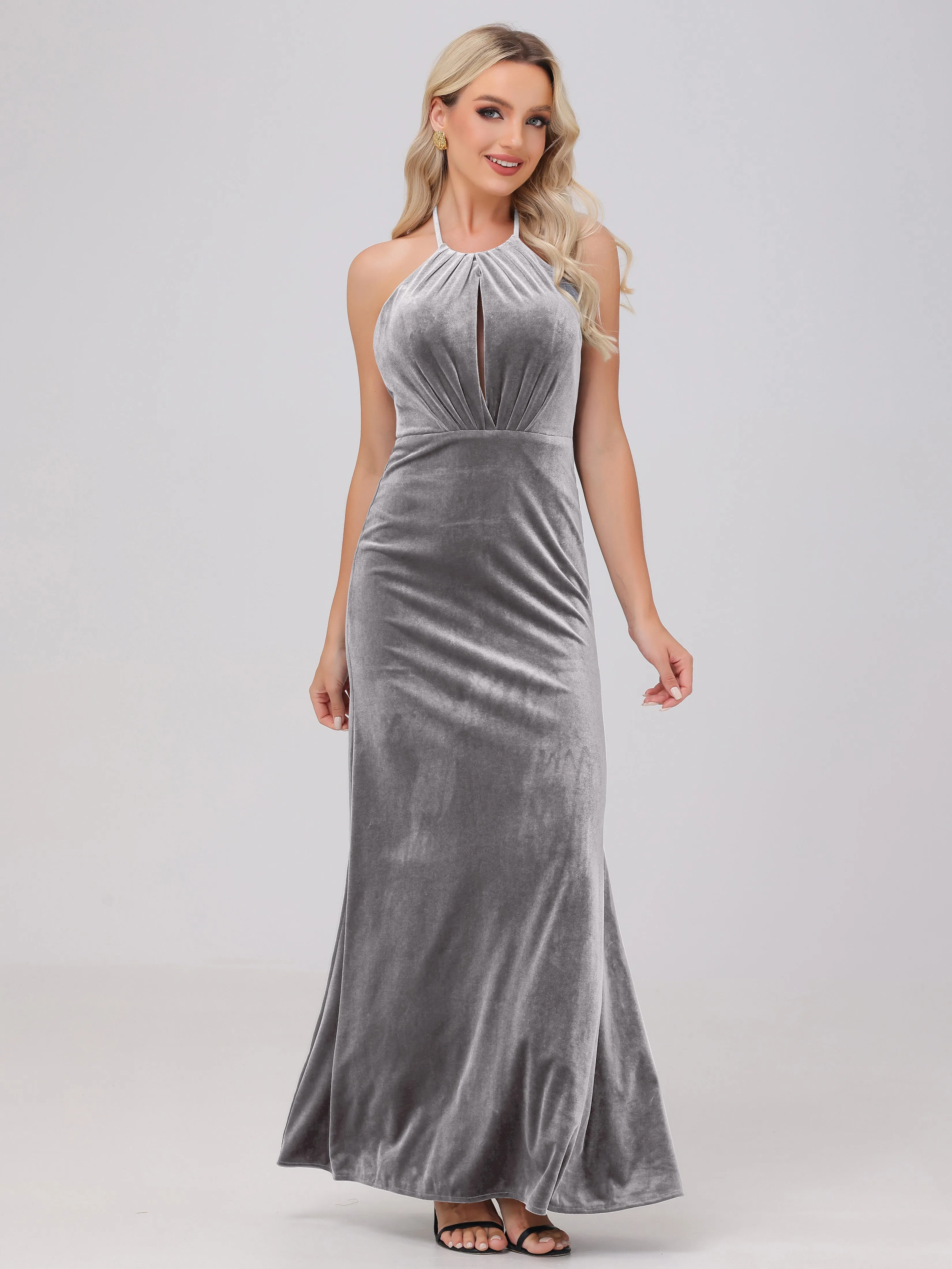 Halter Sheath/Column Long Velvet Bridesmaid Dresses