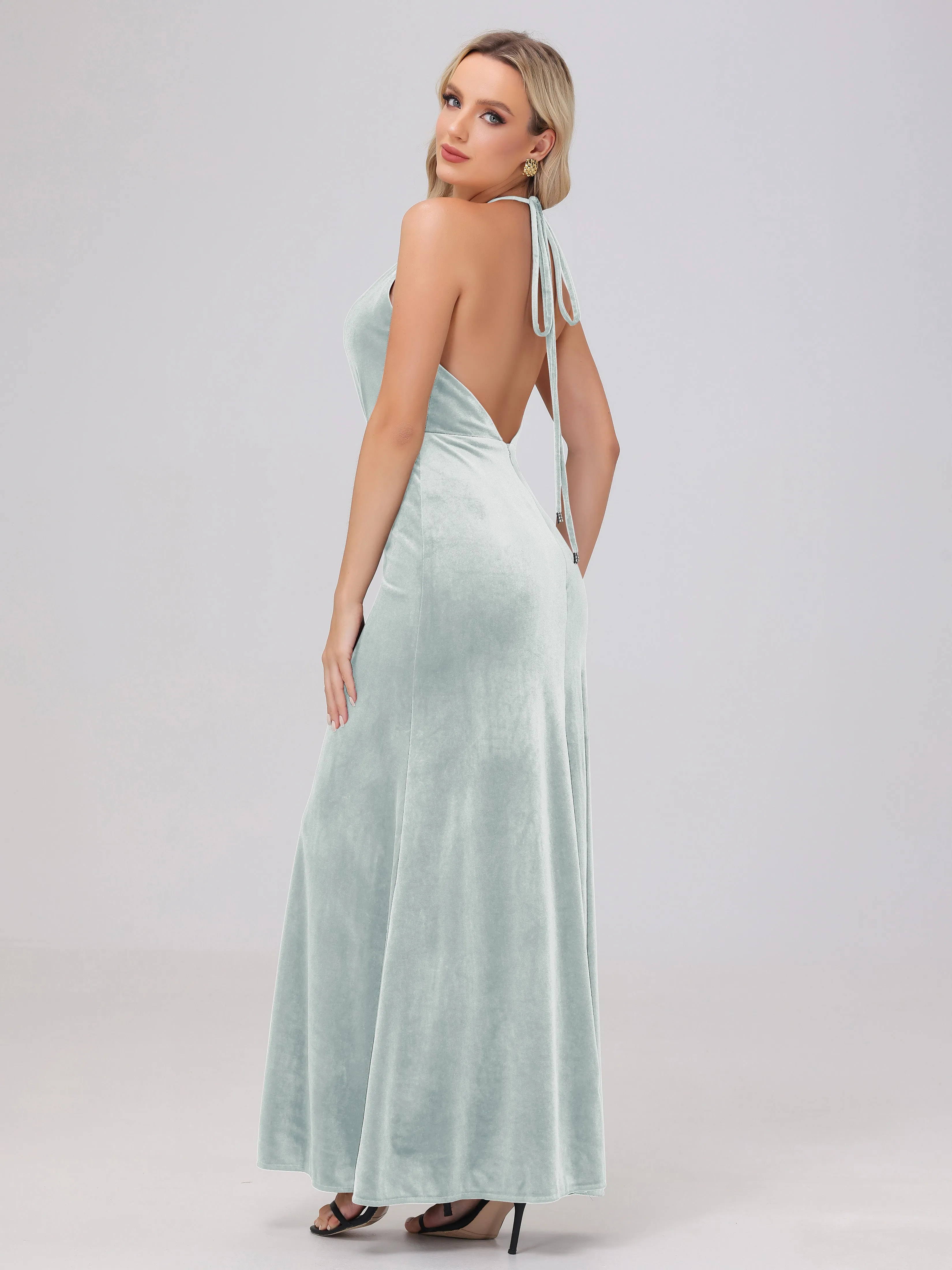 Halter Sheath/Column Long Velvet Bridesmaid Dresses