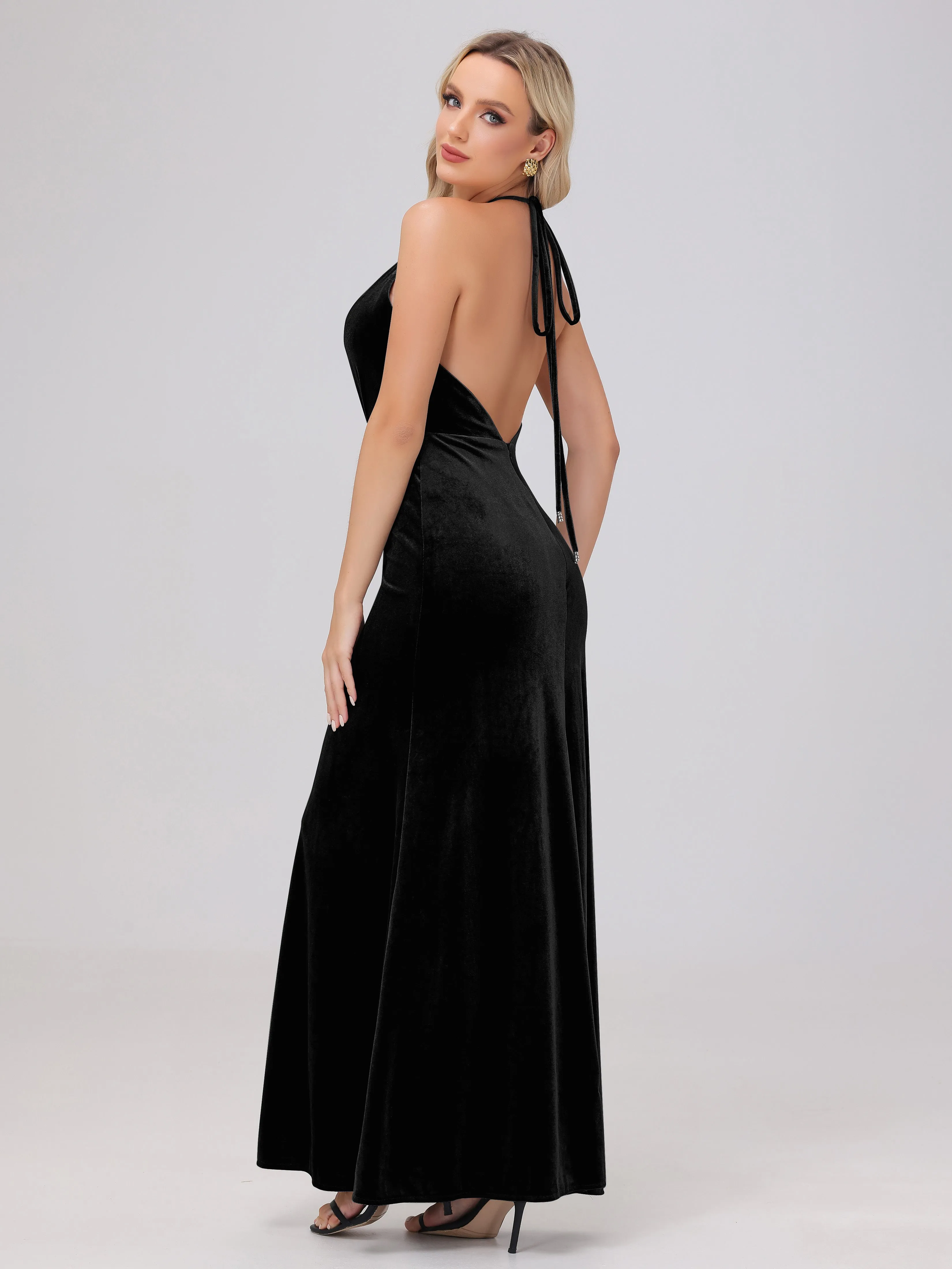 Halter Sheath/Column Long Velvet Bridesmaid Dresses