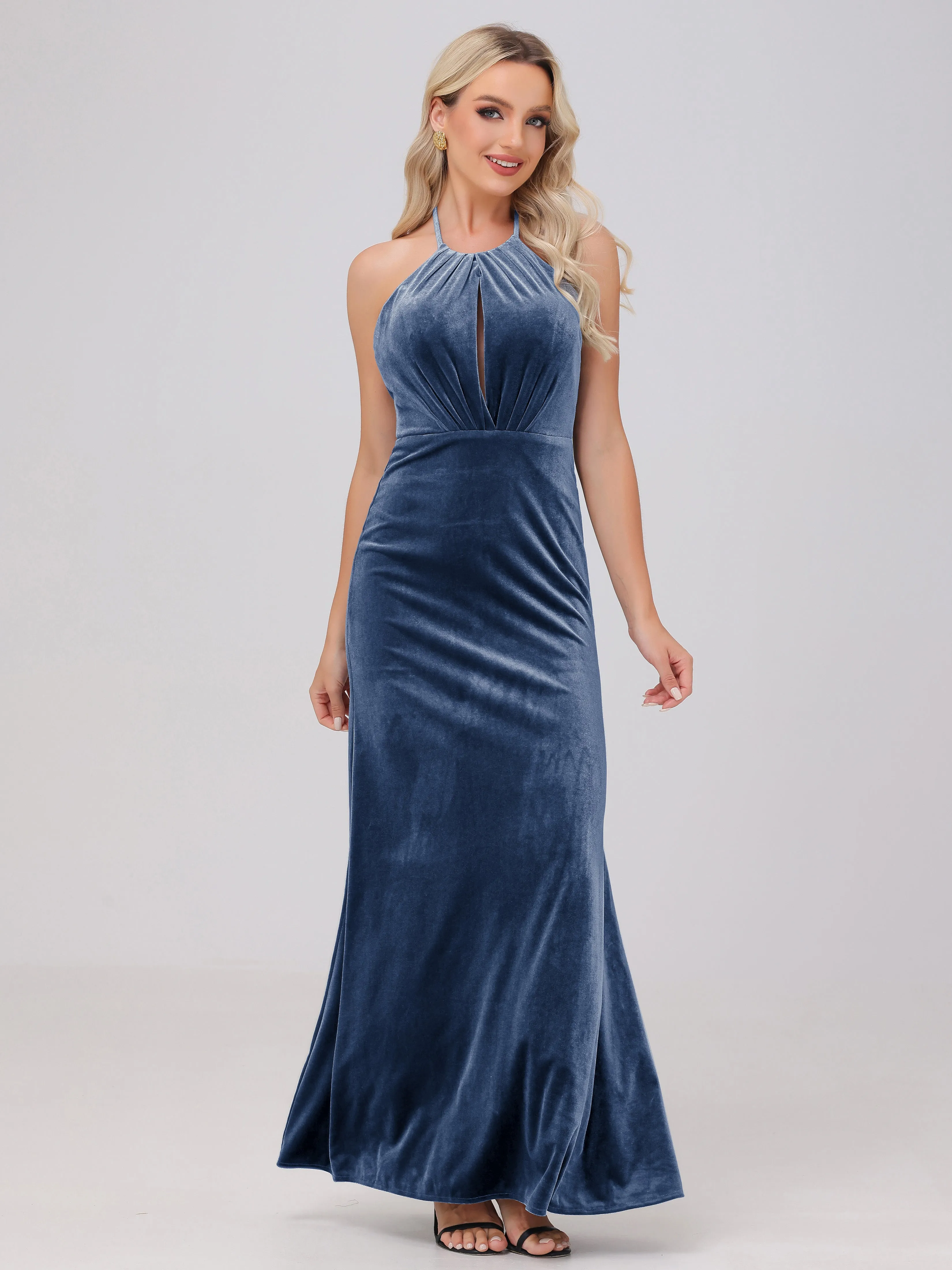 Halter Sheath/Column Long Velvet Bridesmaid Dresses