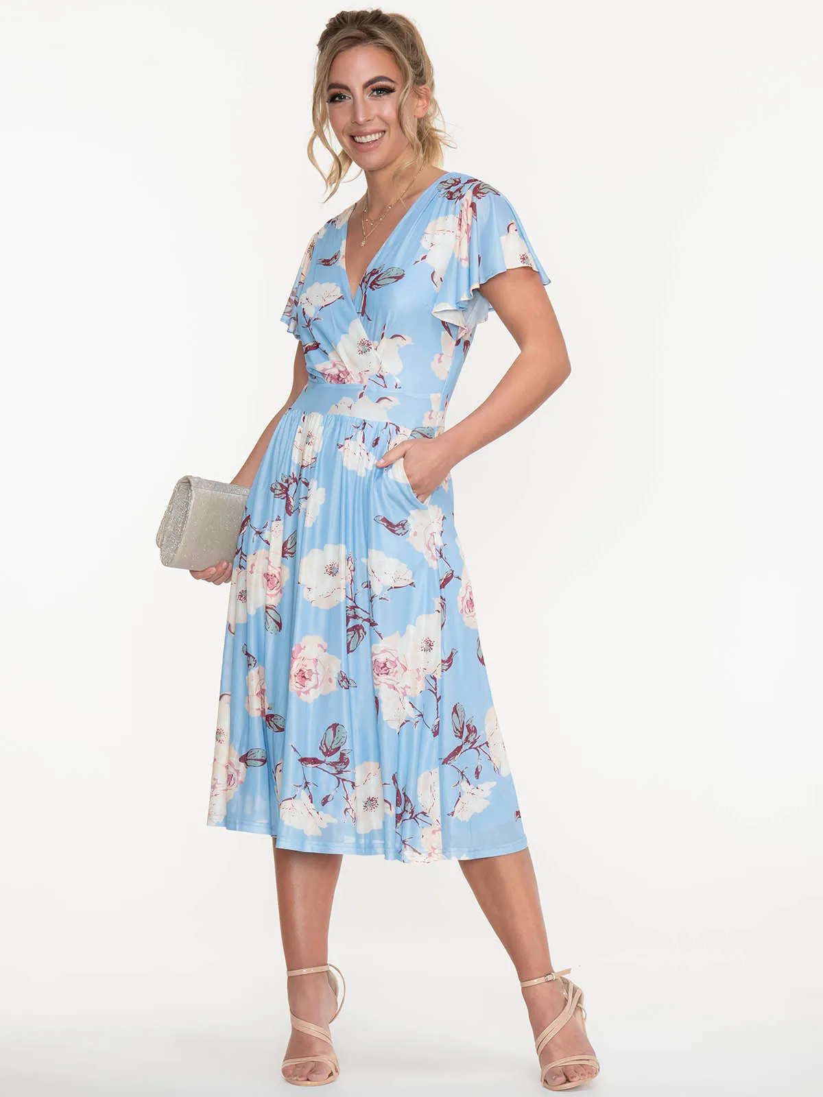 Jolie Moi Kiley Wrap Front Mesh Dress, Blue Floral