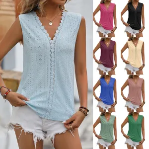 Lace Tops Women V-neck Sleeveless Hollow Out Vest Summer Tank