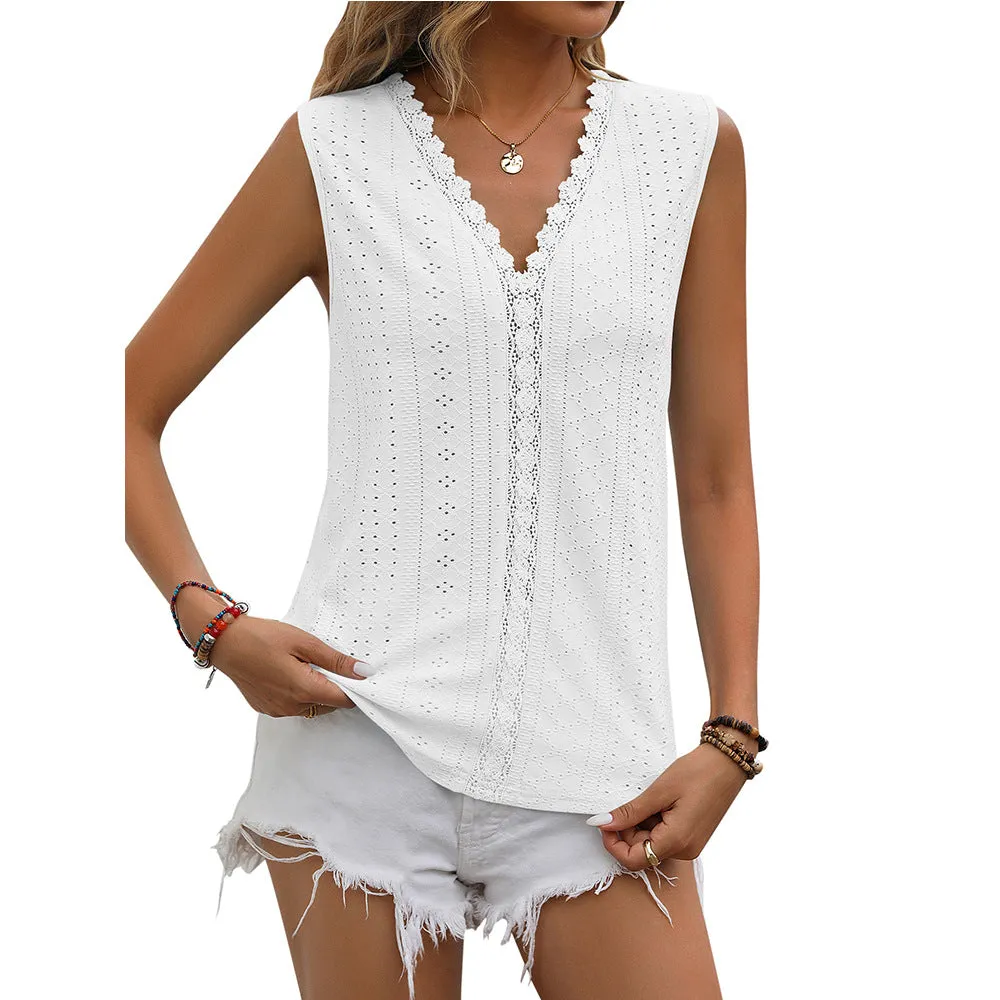 Lace Tops Women V-neck Sleeveless Hollow Out Vest Summer Tank