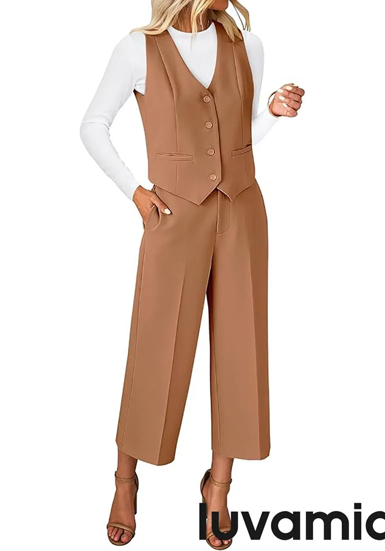 LUVAMIA Women's 2 Piece Business Casual Long Pants Outfit Pant Suit V Neck Vest Wide Leg Pantsuits